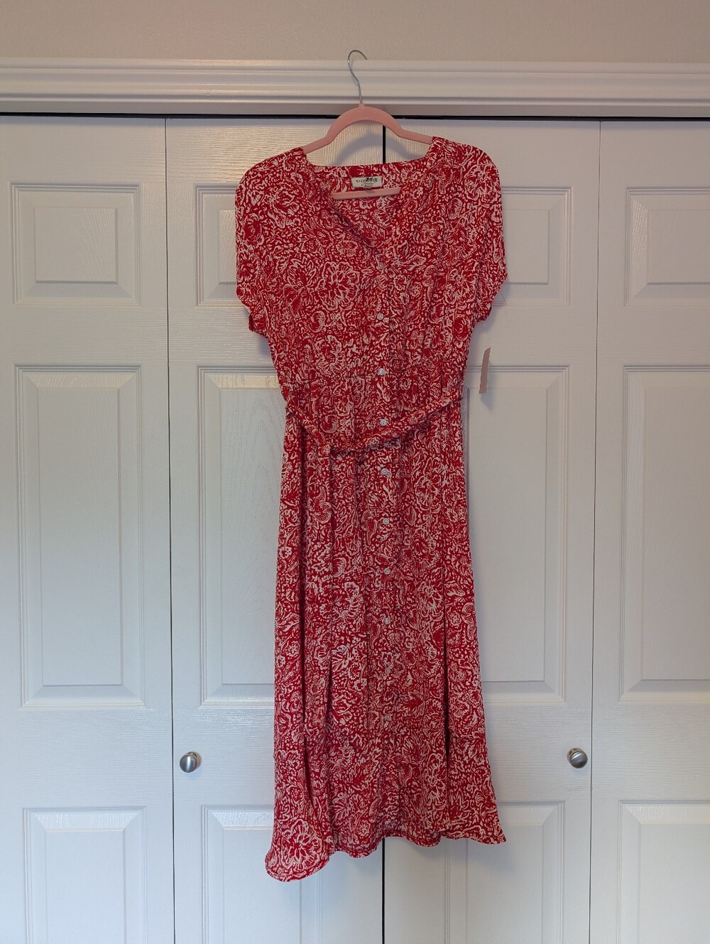 NWT Studio B By Bobeau Button Down Short Sleeve Maxi Dress Red Floral W/Belt